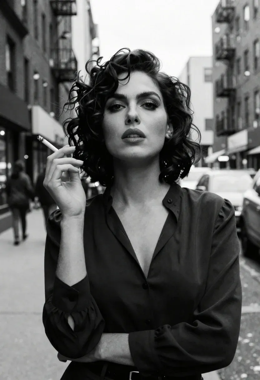Confident Woman Stands The Middle City Street Holding Cigarette Subject
