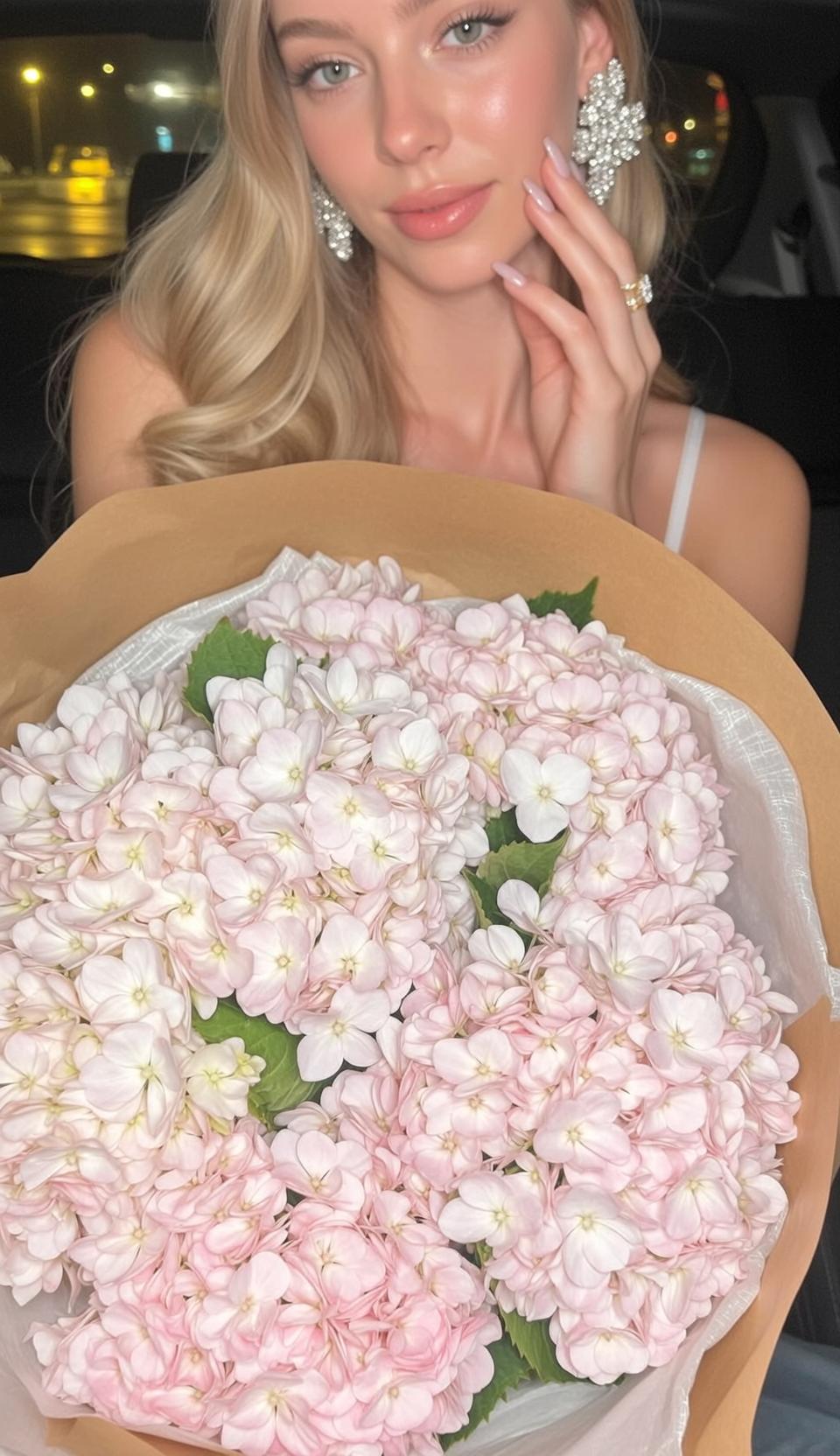 Explore Positioned Car Interior Holding Large Bouquet