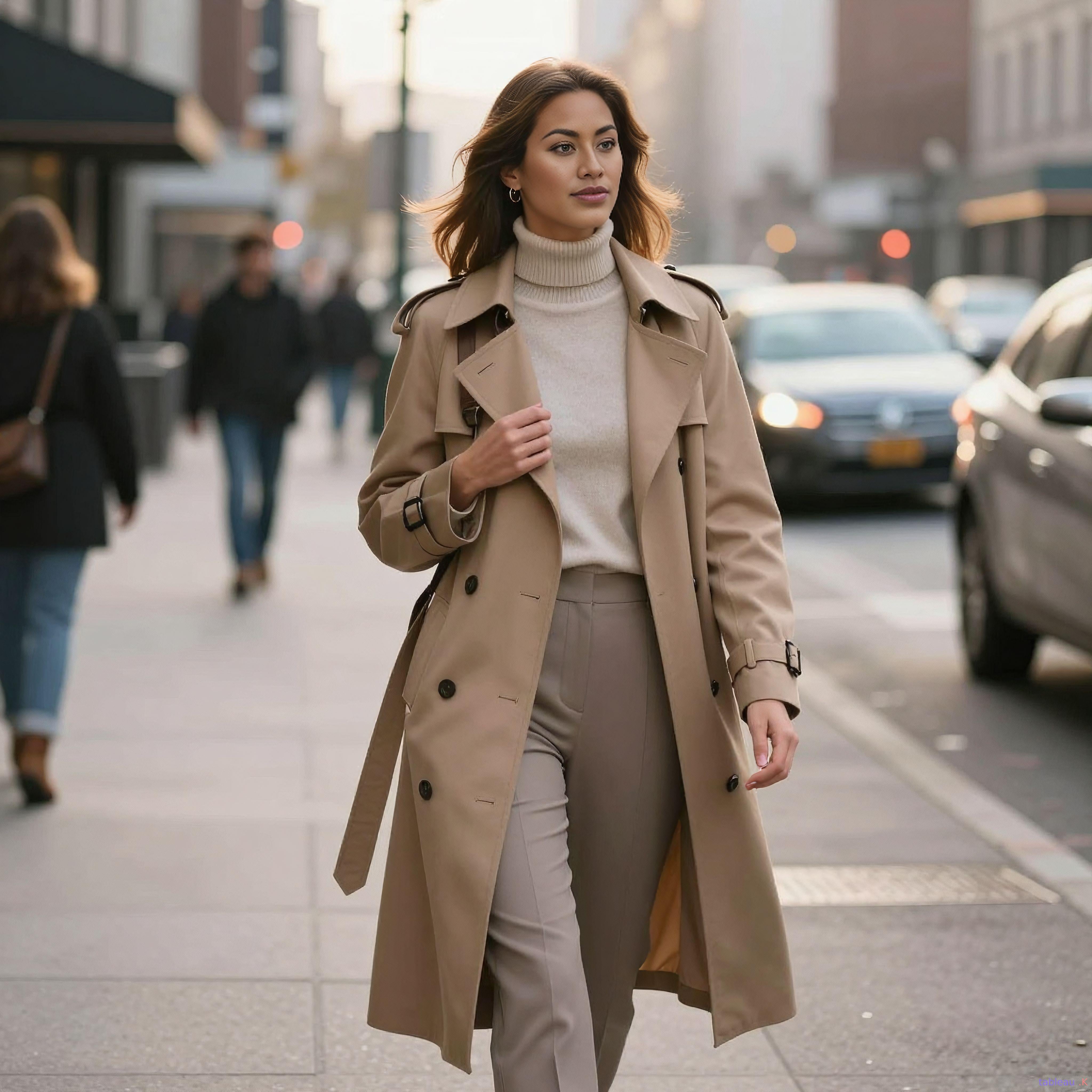 Beige Long Trench Coat Over Cream Turtleneck In Chest