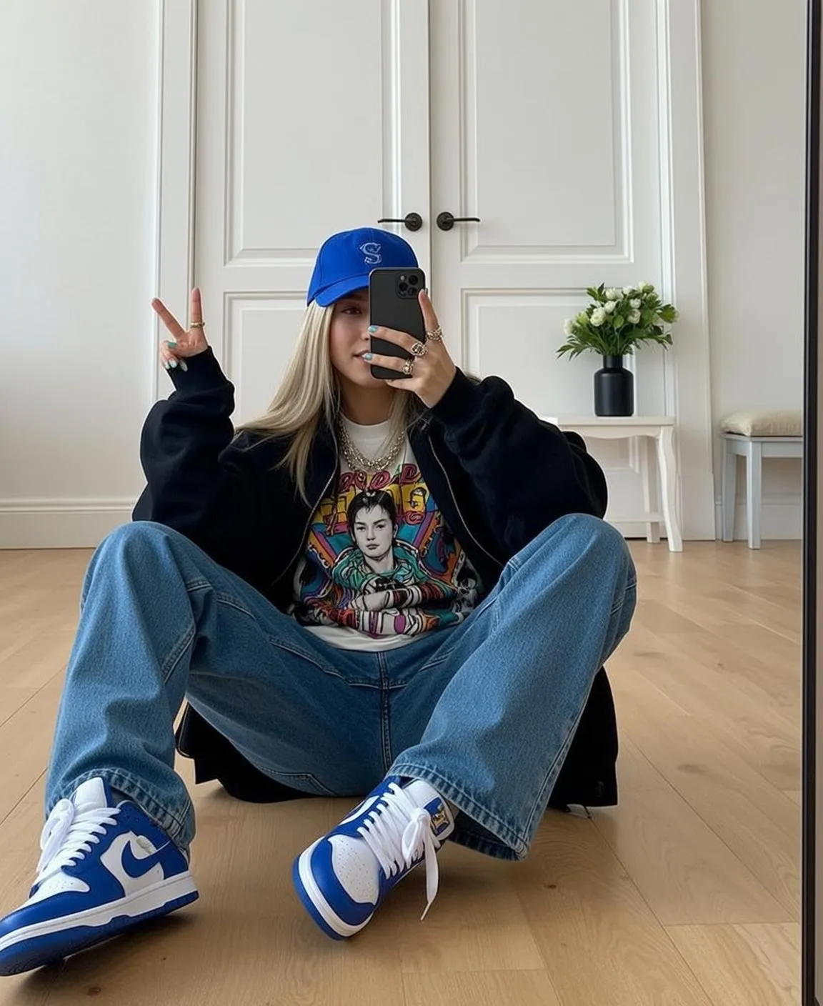 Rings And Necklace In A Bomber Jacket Selfie