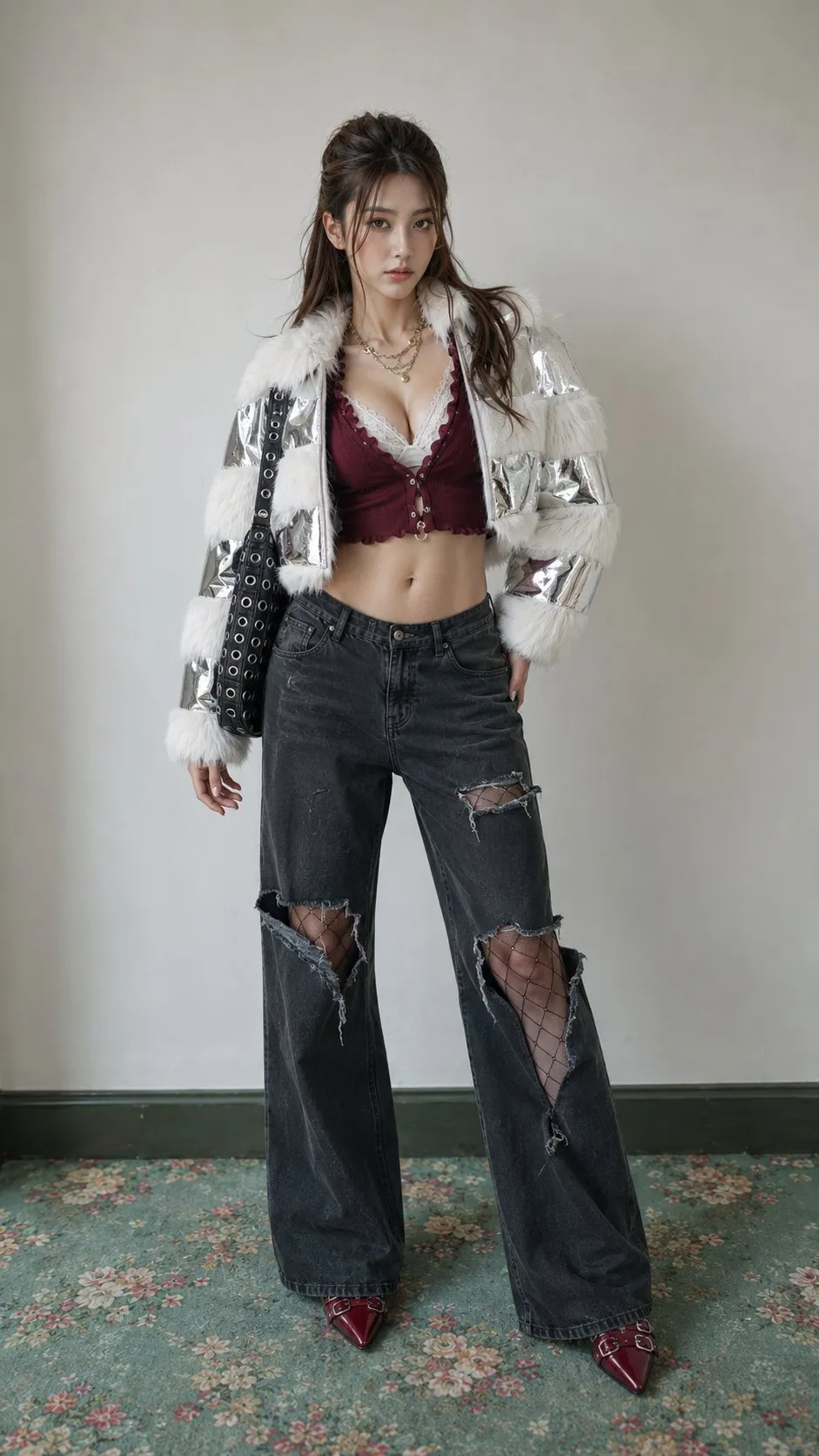 Silver Puffer Jacket Floral Carpet