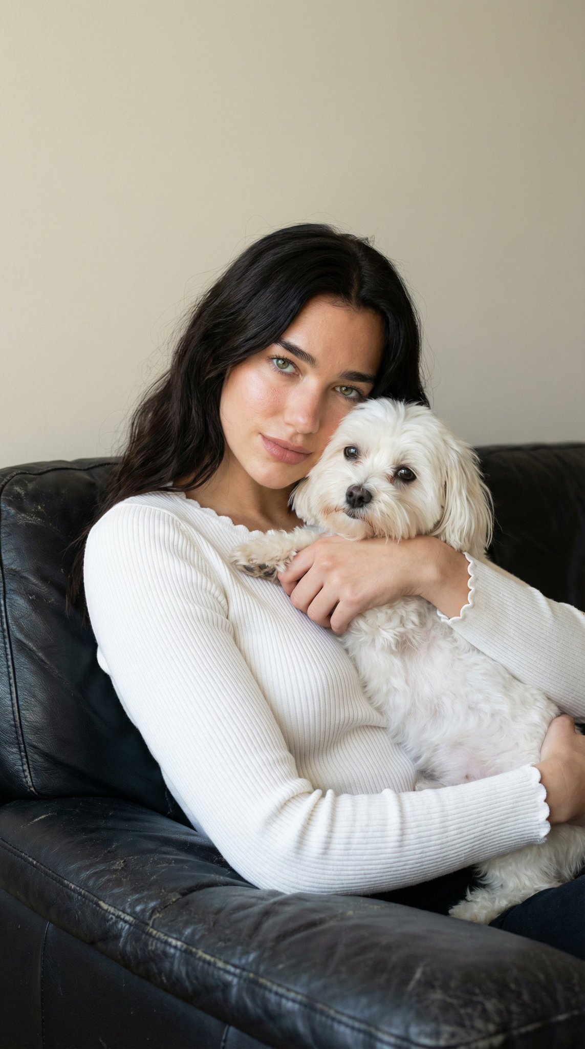 Ultra-realistic portrait of a young woman hugging a small white dog, captured in soft natural light.