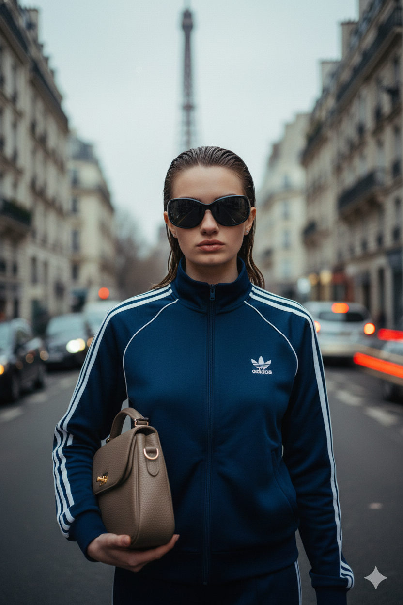 Low angle street shot of a woman in an Adidas jacket holding a leather bag, with muted Parisian light and the Eiffel Tower blurred in the background.