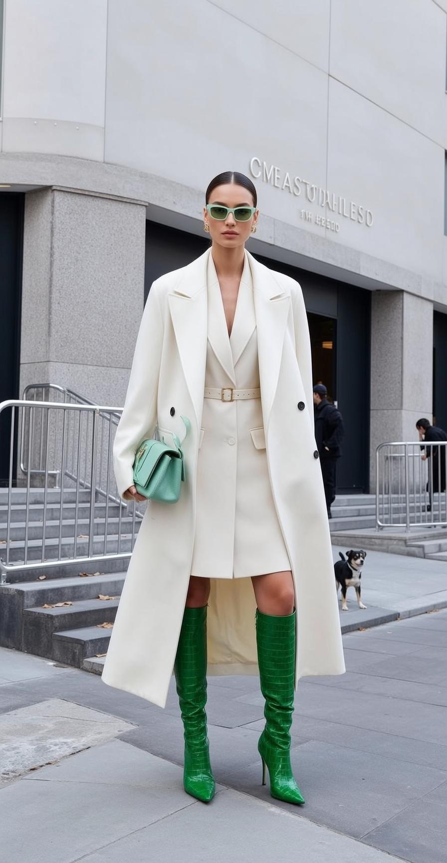 City Street White Blazer Green Sunglasses