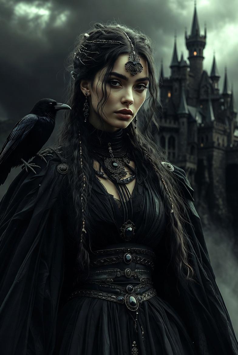 Gothic Castle Portrait Dark Stormy Sky Raven On Shoulder