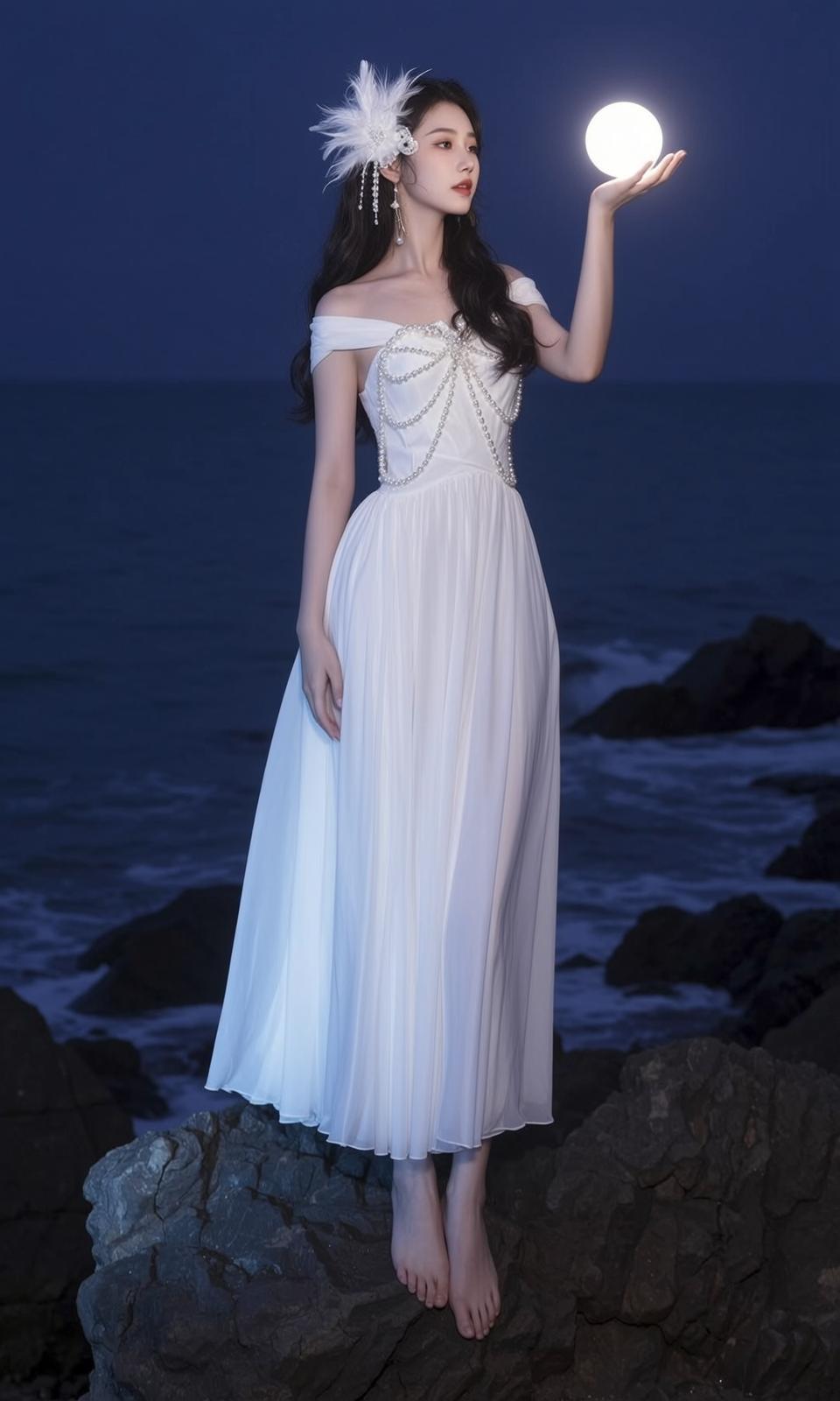 White Gown Moonlit Rocks