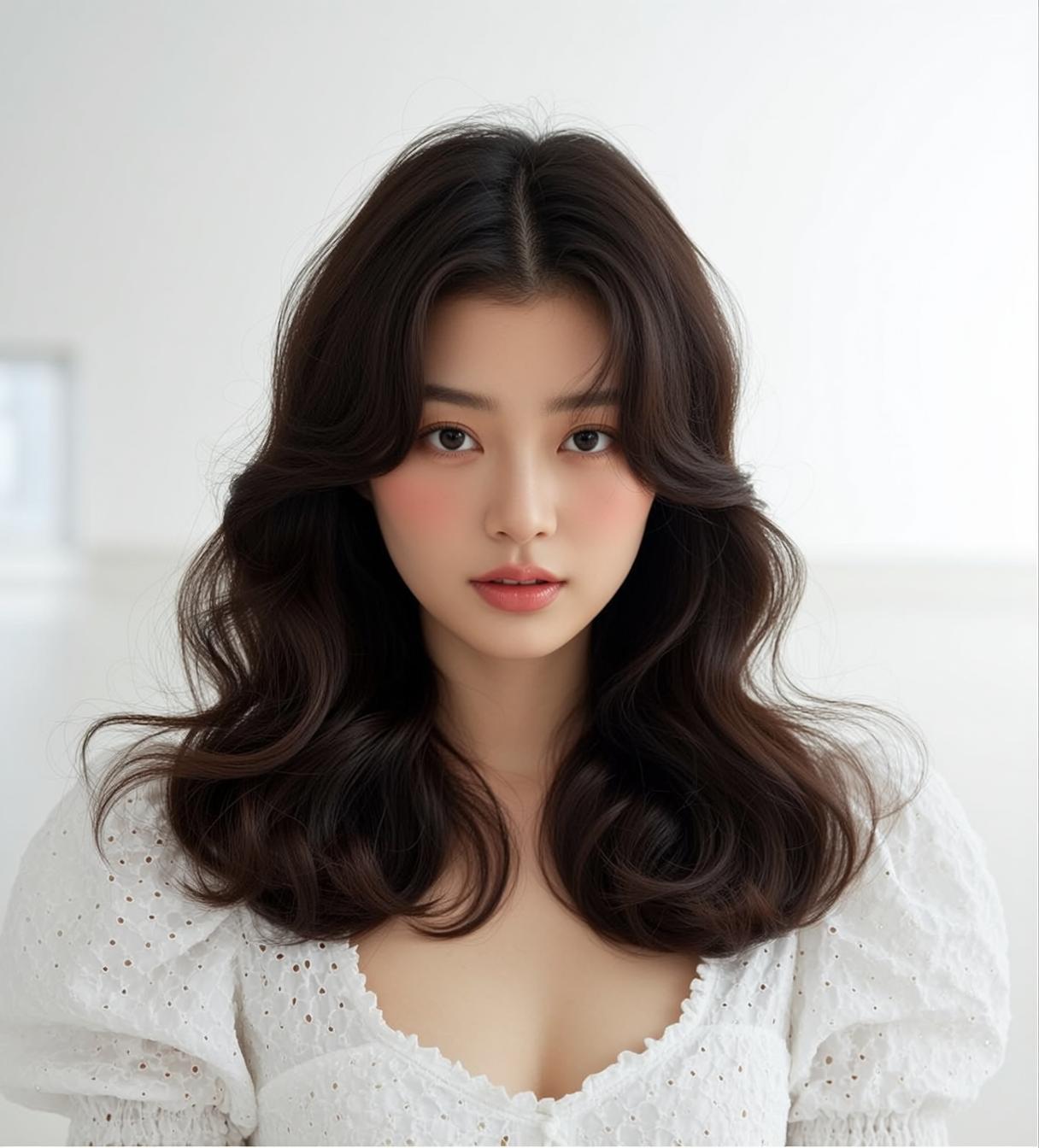 East Asian Woman White Eyelet Top Studio
