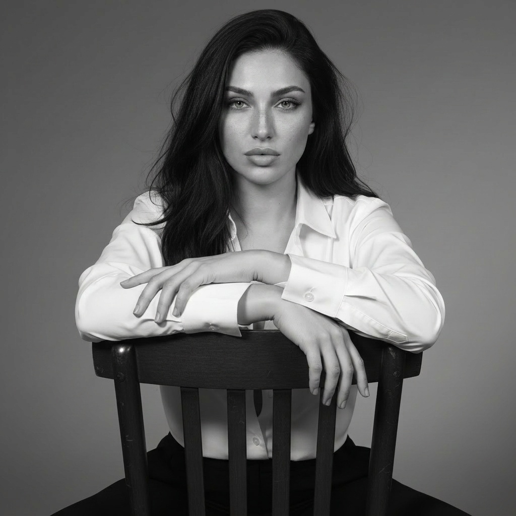 Ava sitting on an upside-down dark wooden chair, wearing a white dress shirt, gazing intensely at the camera in a minimalist setting.