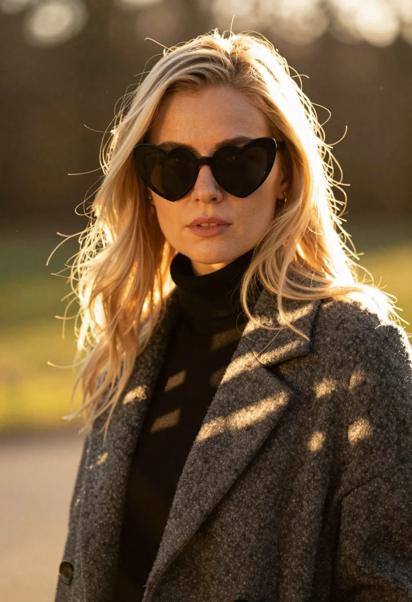 A close-up portrait of a blonde woman wearing heart-shaped sunglasses and a dark coat, illuminated by warm golden sunlight.