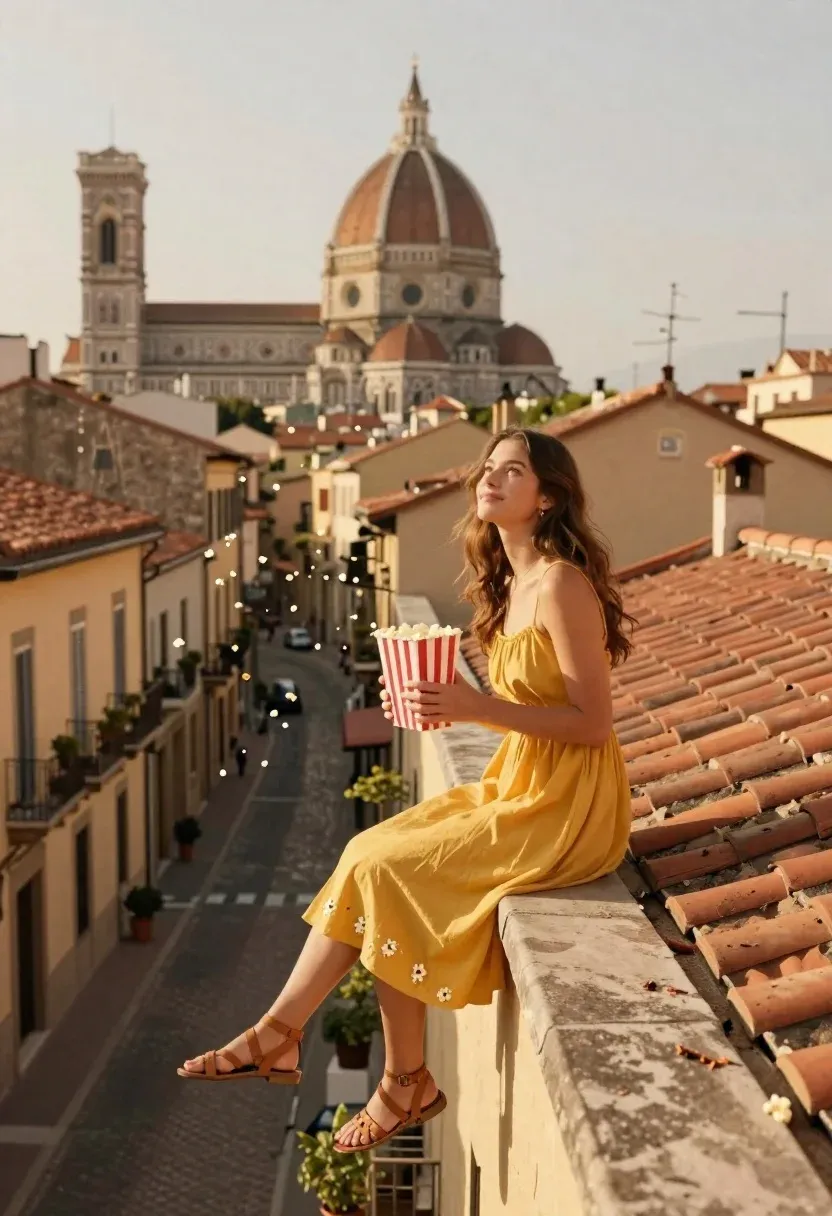 Young Woman Sits Casually The Edge Tiled Rooftop Historic European