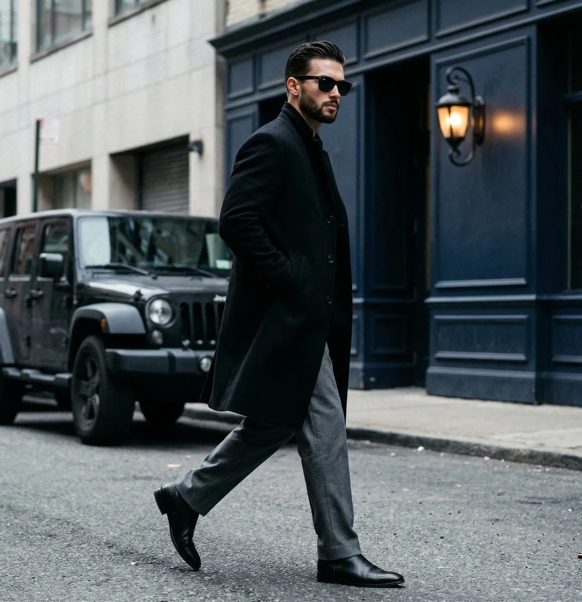 Sunglasses And Black Overcoat Architectural Portrait