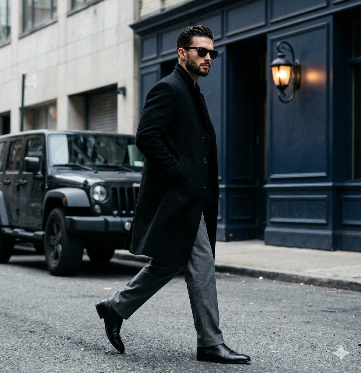 Black Overcoat Grey Trousers Architectural Background
