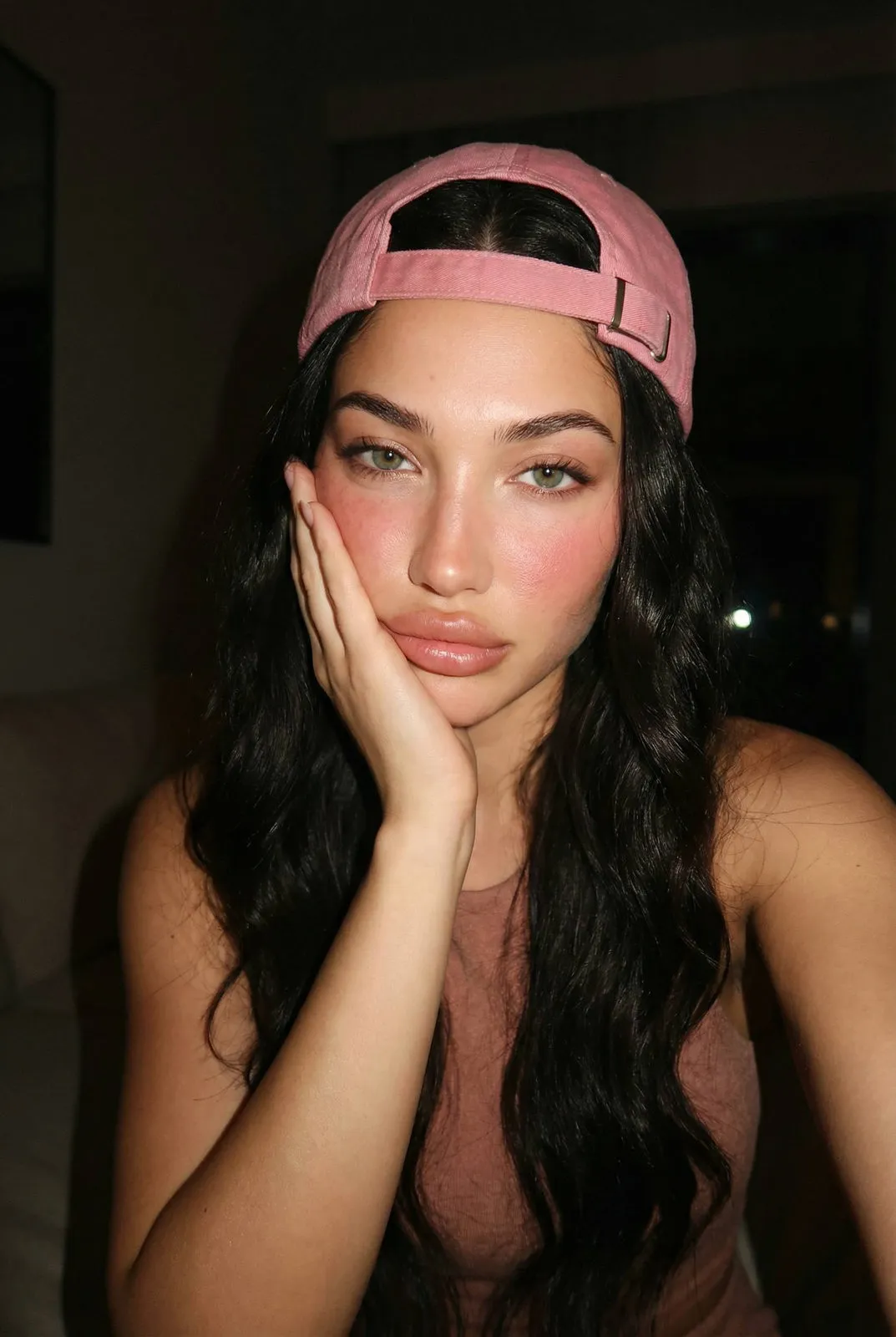 Indoor Selfie Woman Pink Cap
