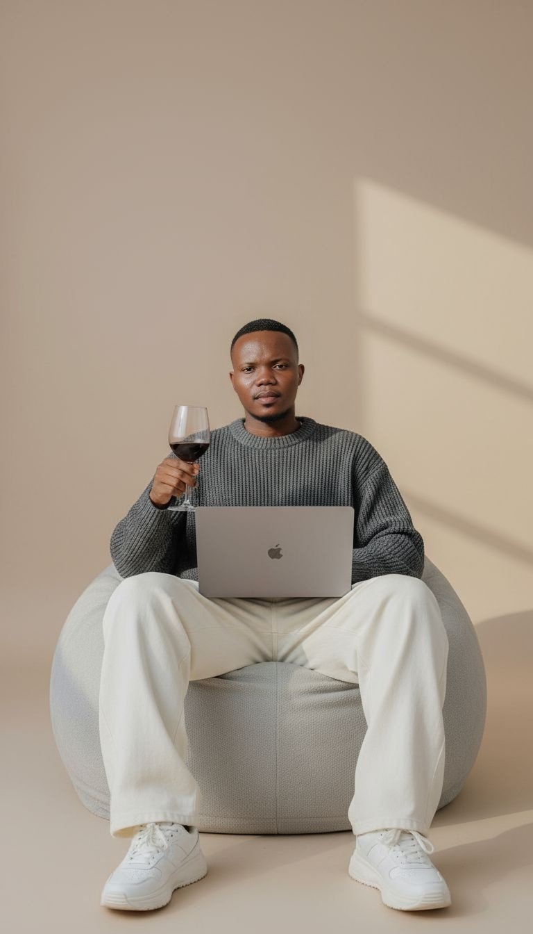 A fashionable male model seated on a beanbag, working on a MacBook while holding a glass of red wine.