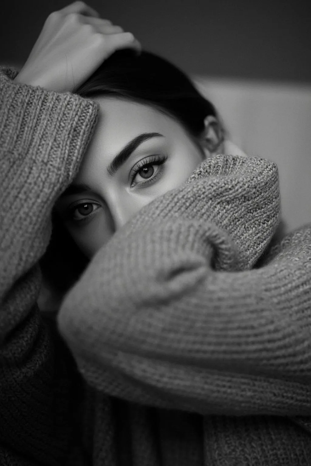 Close-up Portrait Orientation Black And White Photograph Features Young Woman