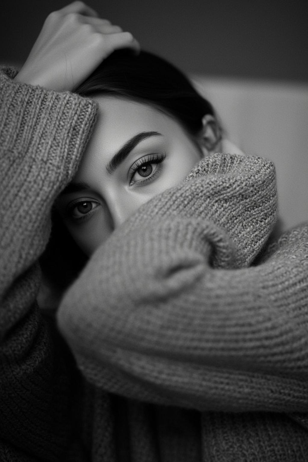 Close-up Portrait Orientation Black And White Photograph Features Young Woman