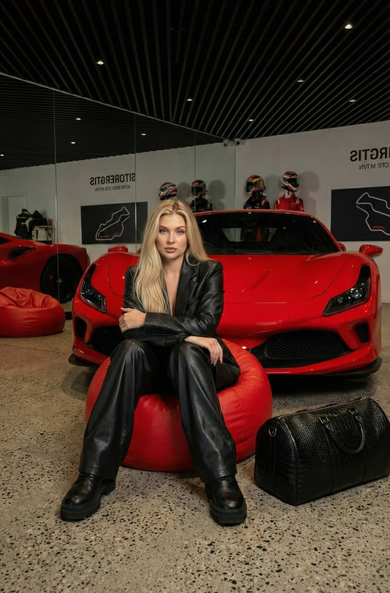 A sleek scene featuring a model in a matte black leather jacket seated on a bright red beanbag chair in a luxury showroom with a vivid red supercar.