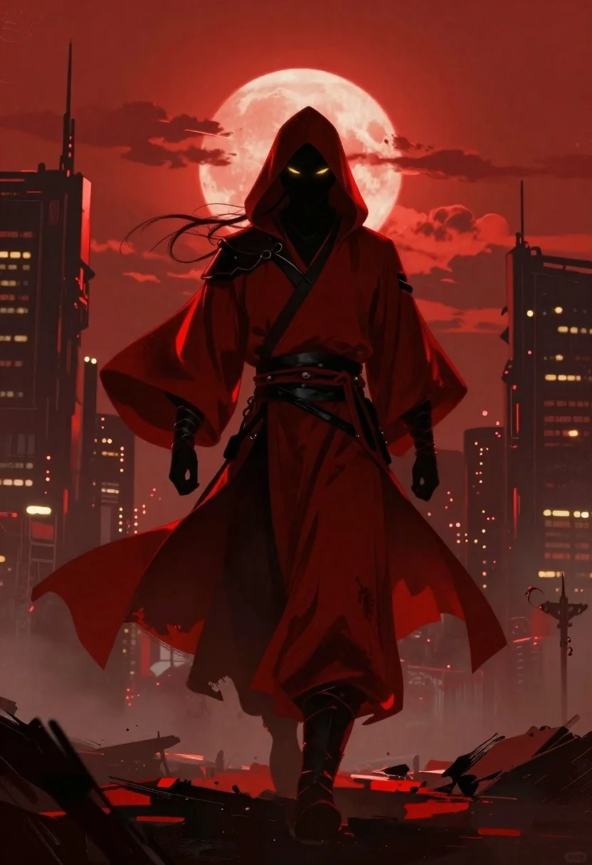 Dramatic Digital Painting Hooded Warrior Striding Forward Silhouette Against Crimson reference photo