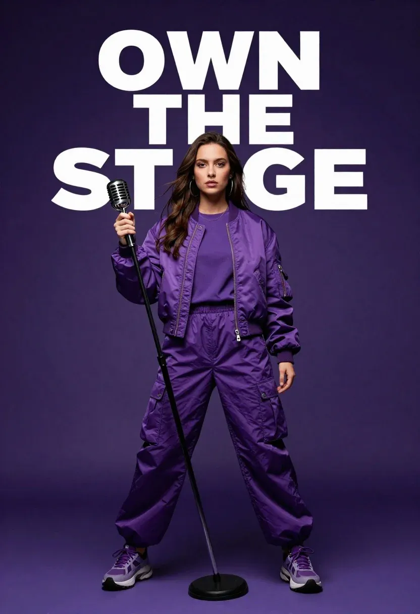 Studio Photography Confident Female Singer Full Purple Performance Attire Holding