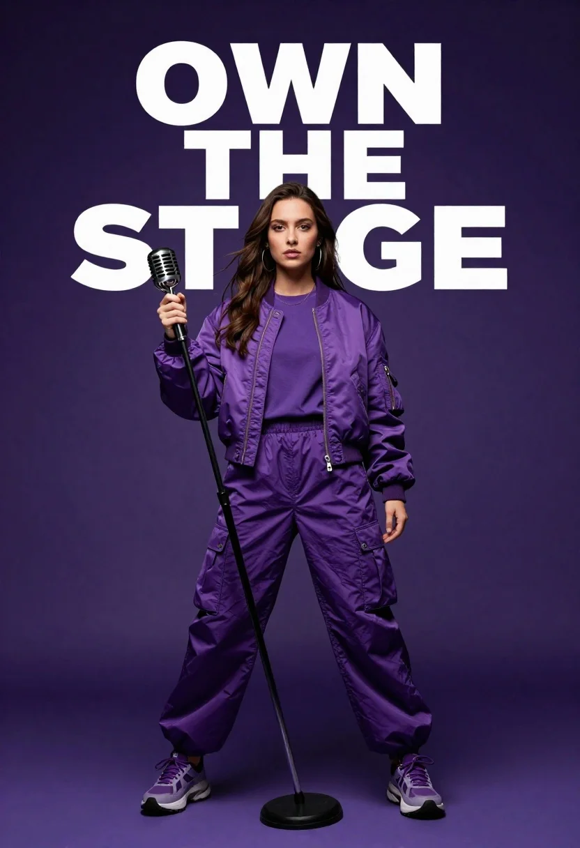 Studio Photography Confident Female Singer Full Purple Performance Attire Holding reference photo