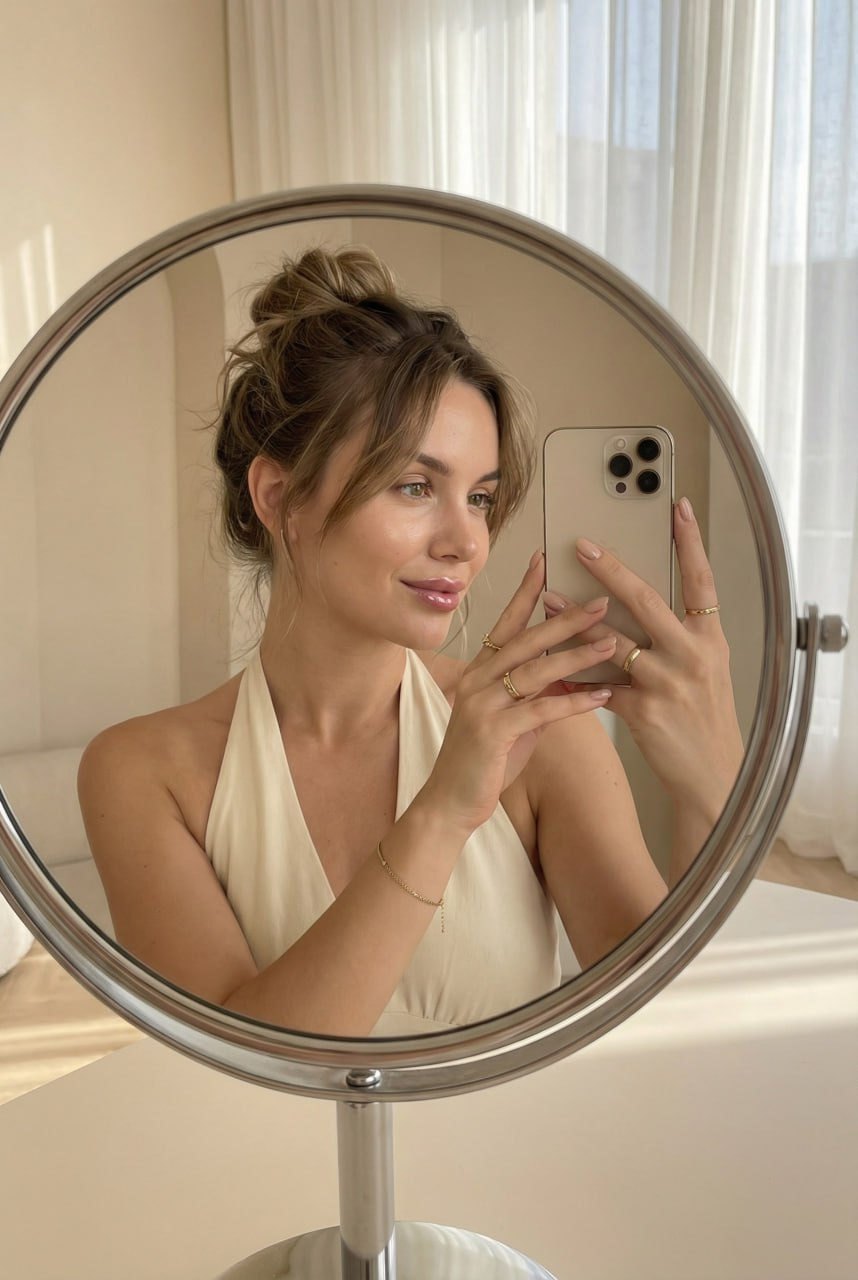 Close-up realistic selfie reflected in a round mirror, showcasing soft natural light filtering through sheer curtains.