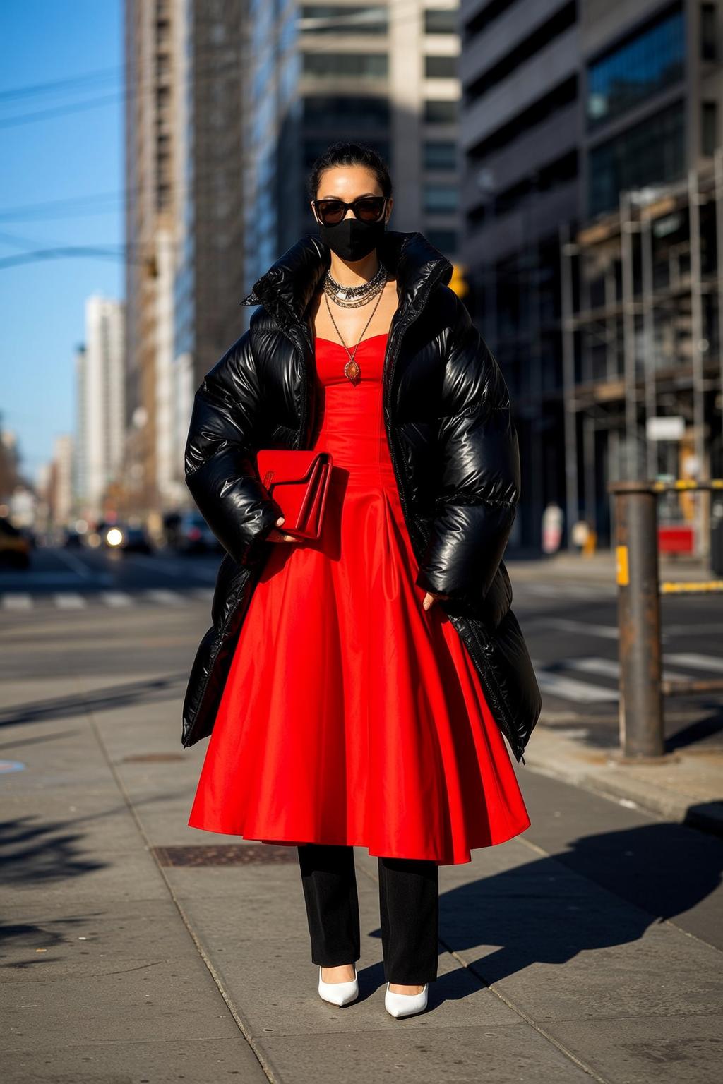 Red Dress Black Puffer White Pumps Silver Necklace