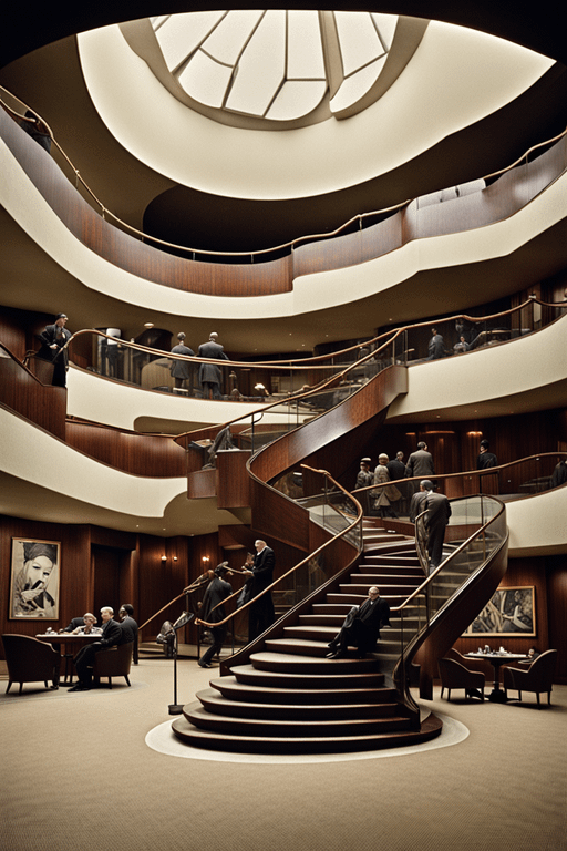 Mid Century Modern Hotel Atrium Spiral Staircase Formal Attire