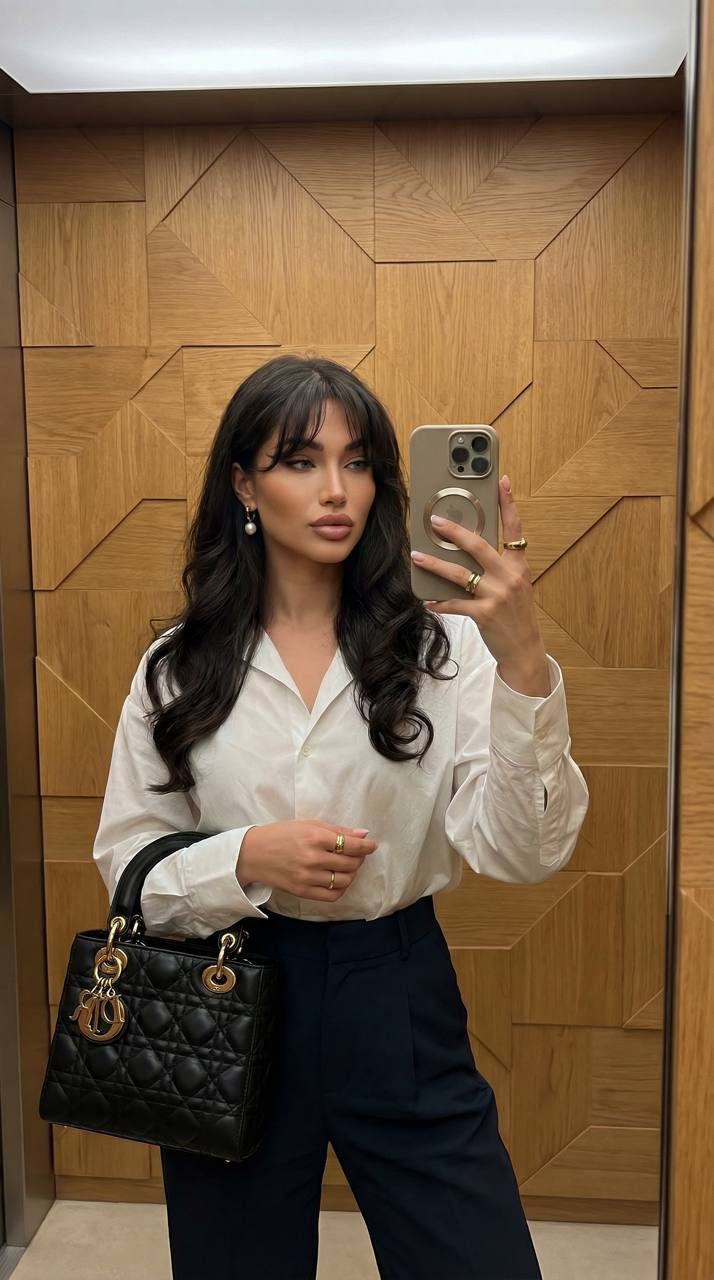 A woman taking an ultra-realistic mirror selfie in a warm hallway, wearing an oversized button-up shirt and holding a smartphone.