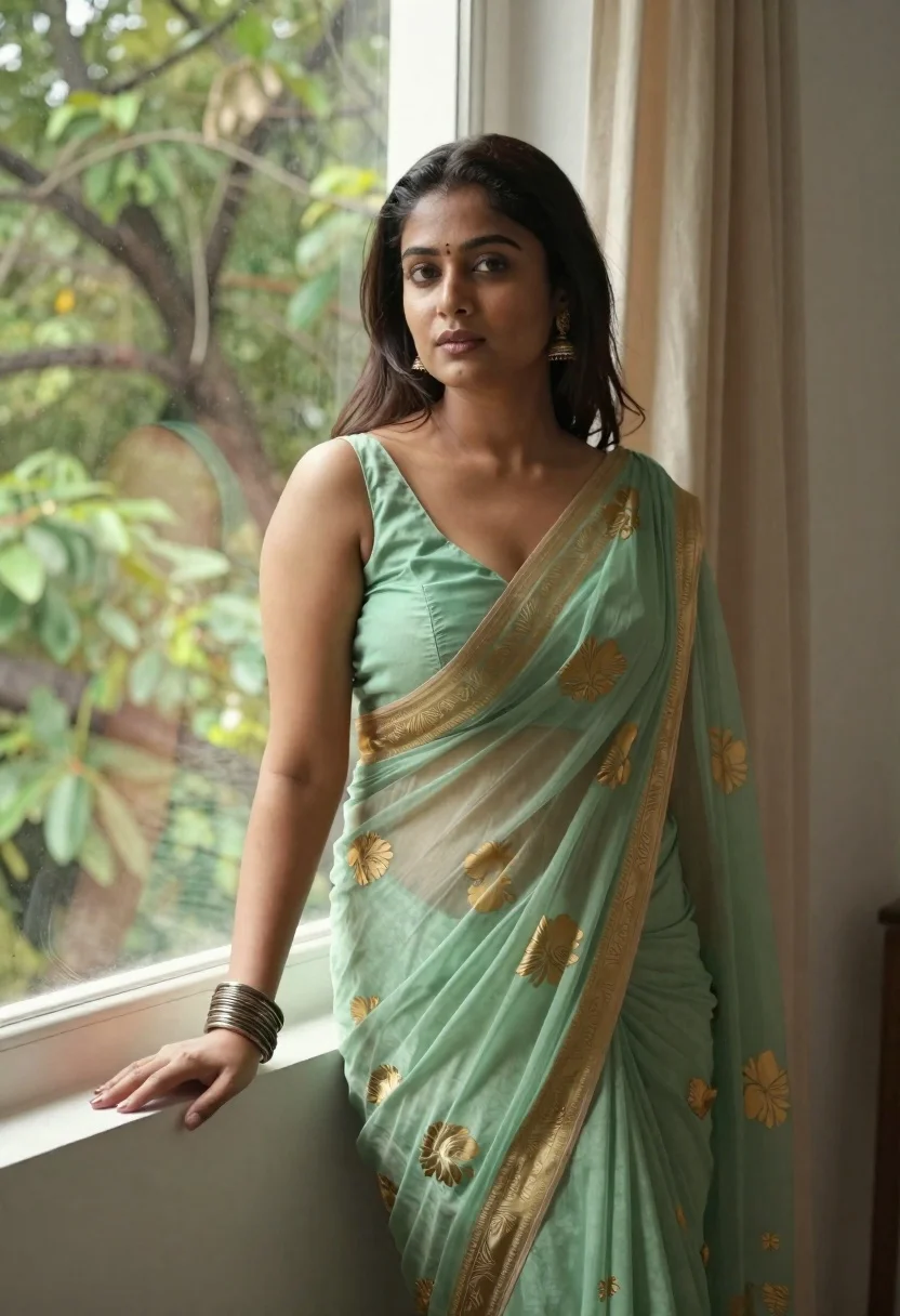 Young Woman With Dark Hair Stands Indoors Near Large Window reference photo