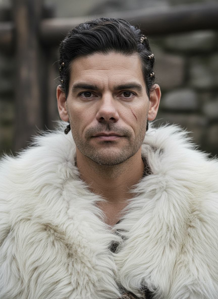 Close-up de un vikingo con piel clara, rostro iluminado dramáticamente, con vestuario de cuero y fondo oscuro de neblina.