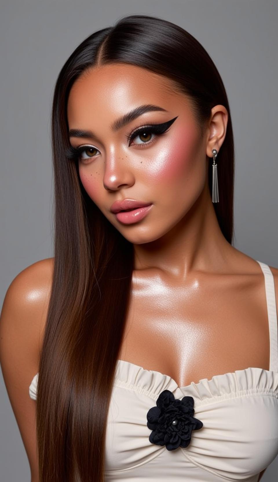 Photorealistic Portrait Young Woman With Long Straight Dark Brown Hair