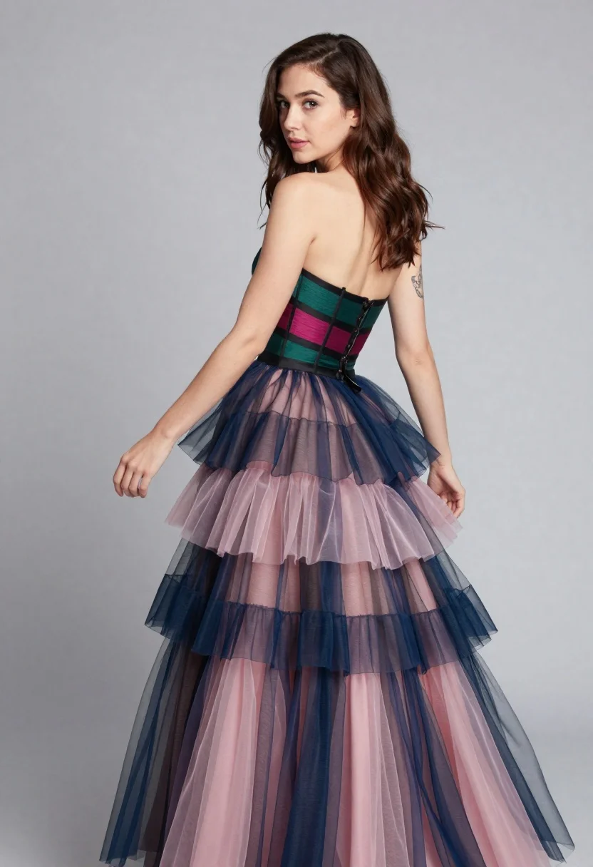 Woman Strapless Gown Poses With Her Back Turned While Glancing reference photo
