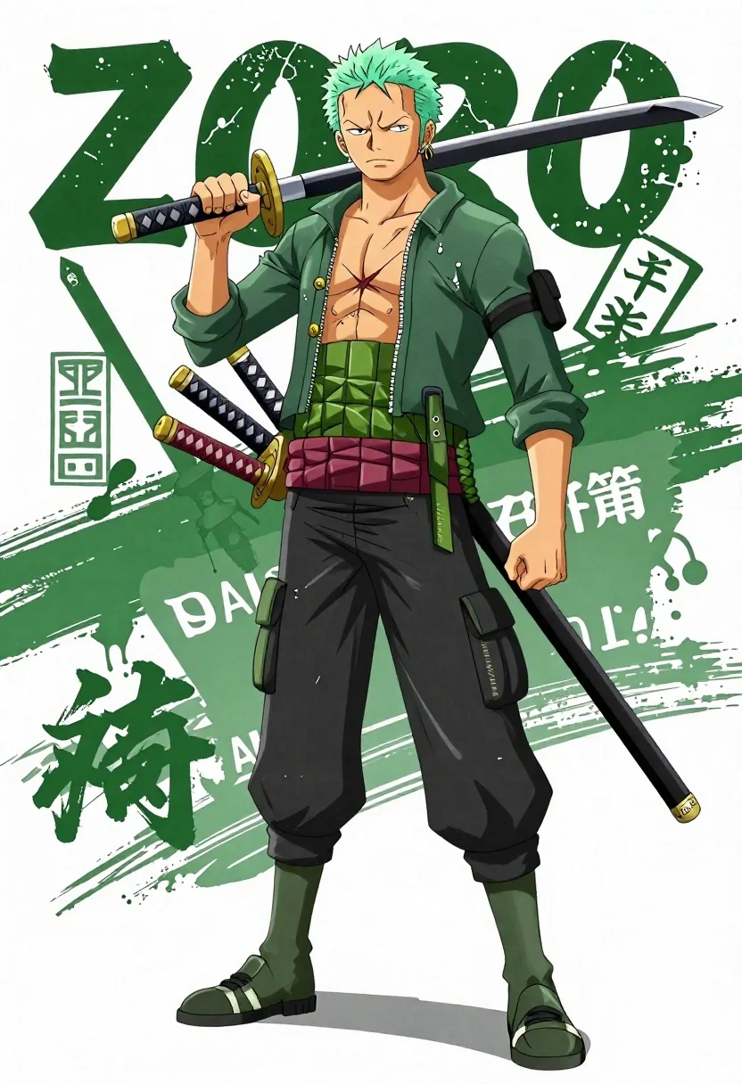 Dynamic Anime-style Illustration Roronoa Zoro From One Piece Standing Confident