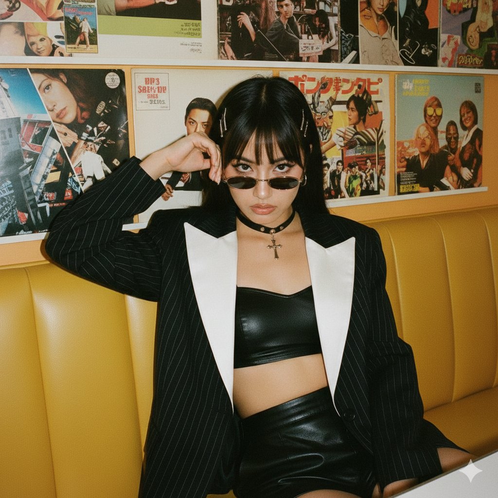 A serious model with dark shoulder-length hair wearing a black cropped top and a pinstripe blazer, sunglasses low on nose against a yellowish-orange background.