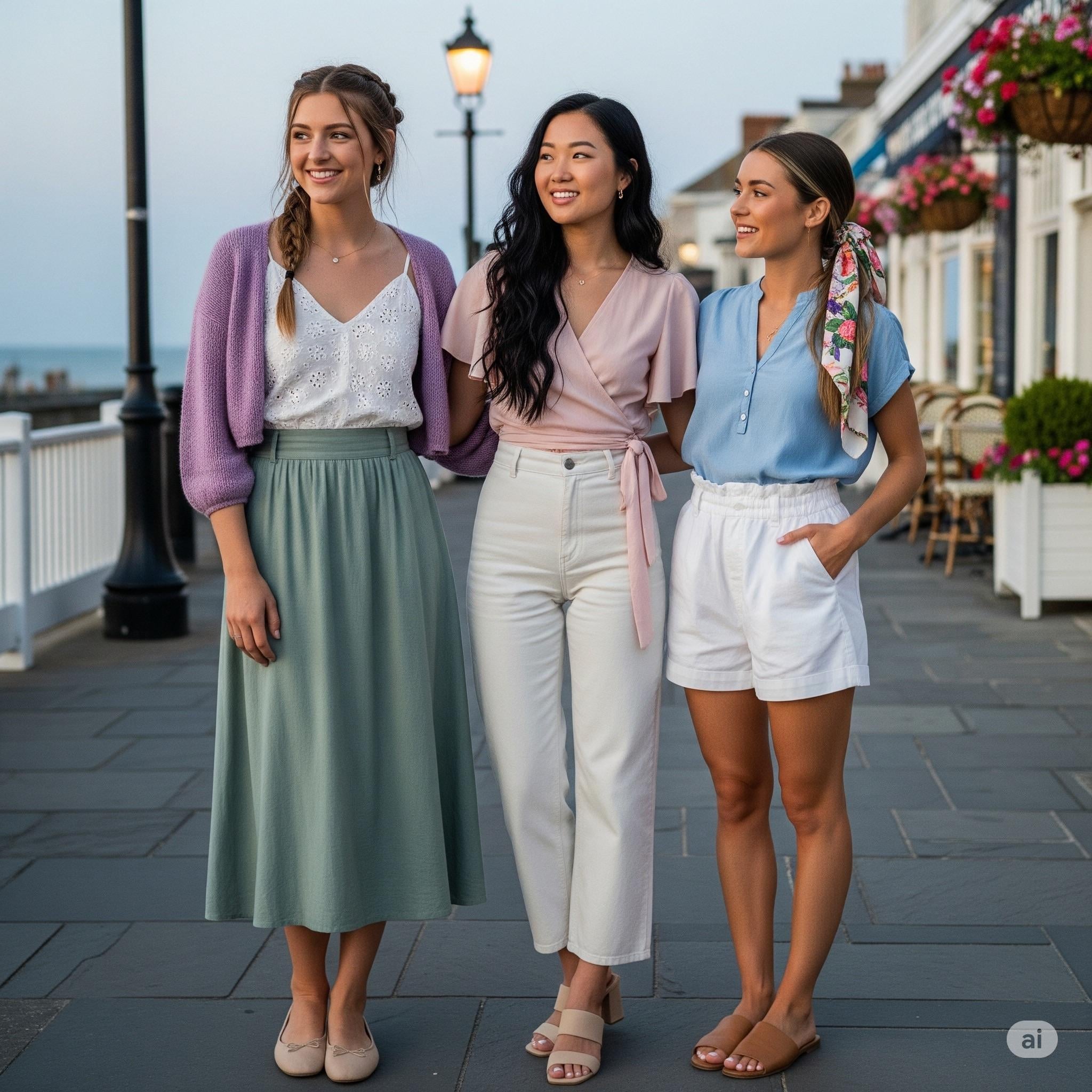 Three Women Seaside Promenade Dusk Arm In Arm