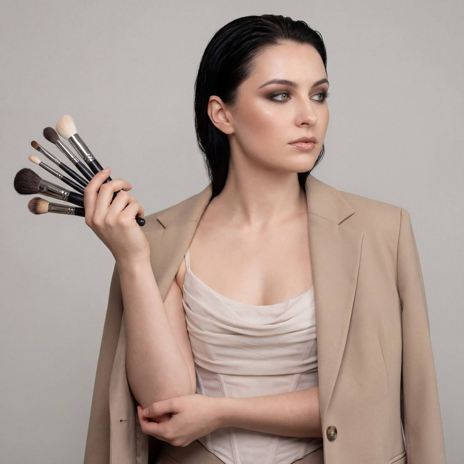 Ultra-realistic portrait of a makeup artist holding brushes, showcasing beautiful smoky eyes and luxurious makeup.