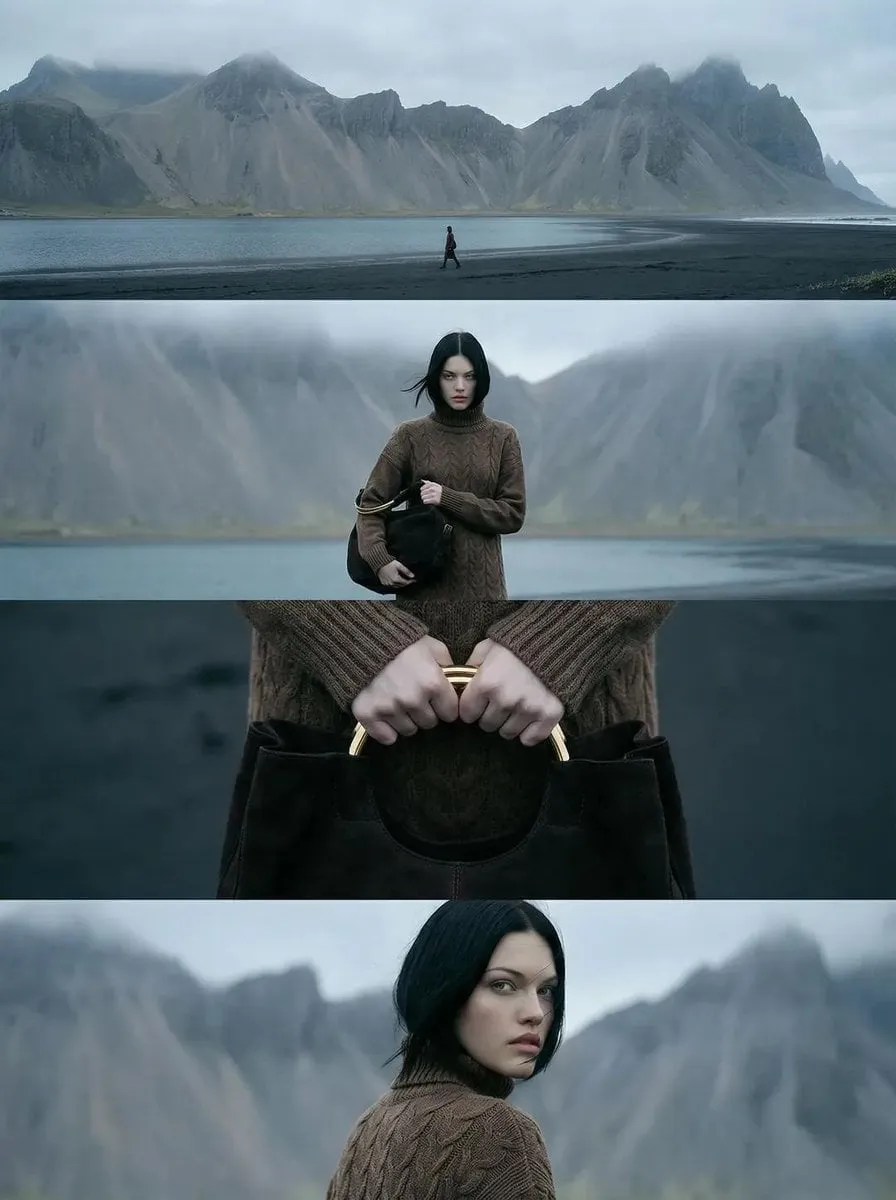 Nordic Coastline Woman Walking Black Sand Beach Cinematic Frames