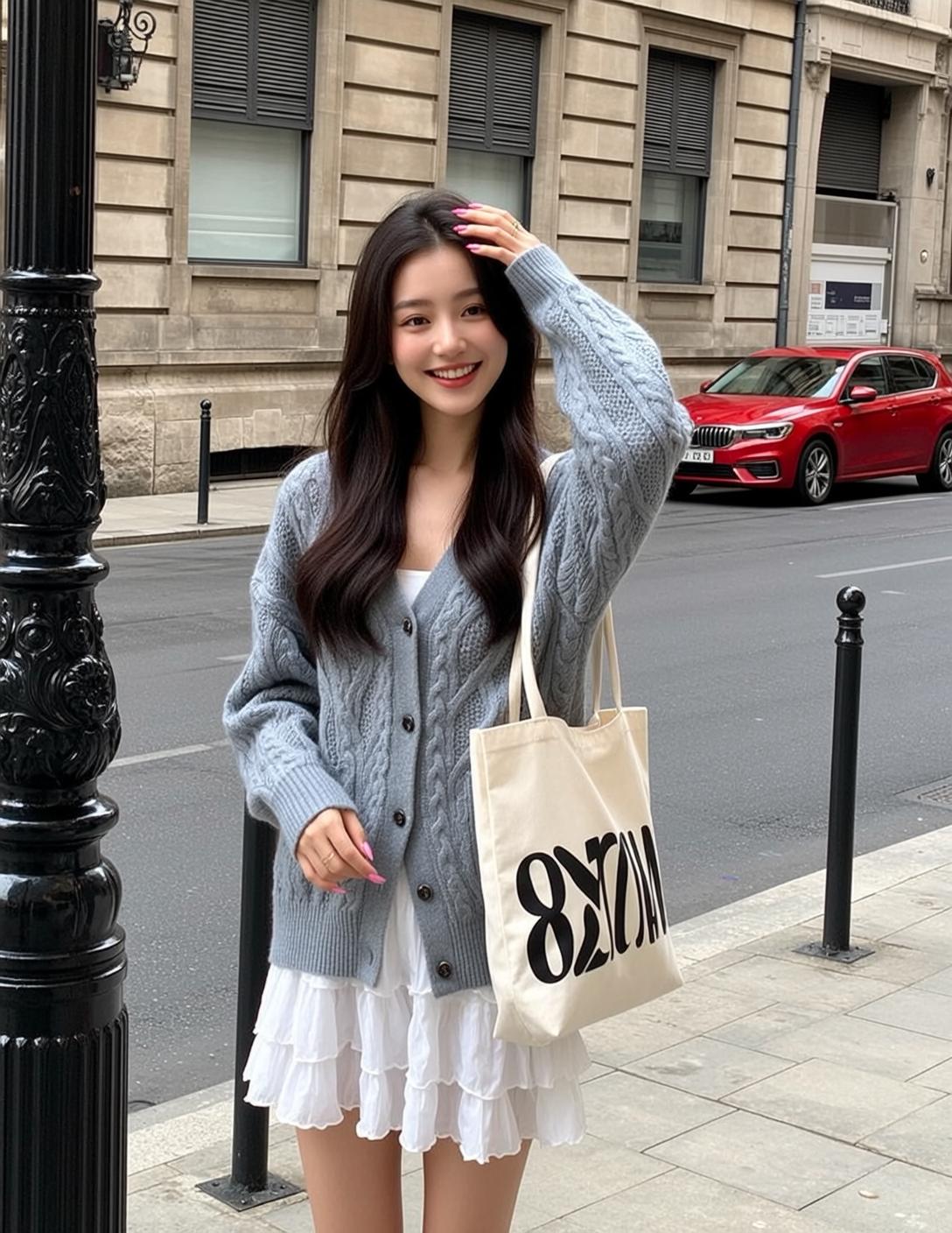 Blue Cardigan White Skirt Street