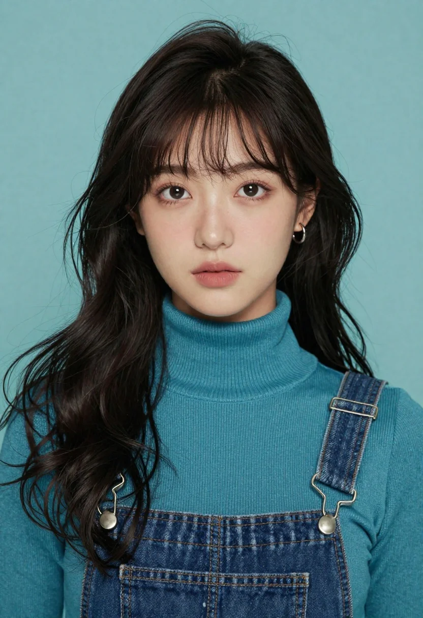 Portrait Photography Young Woman Facing Forward Against Solid Teal Backdrop reference photo