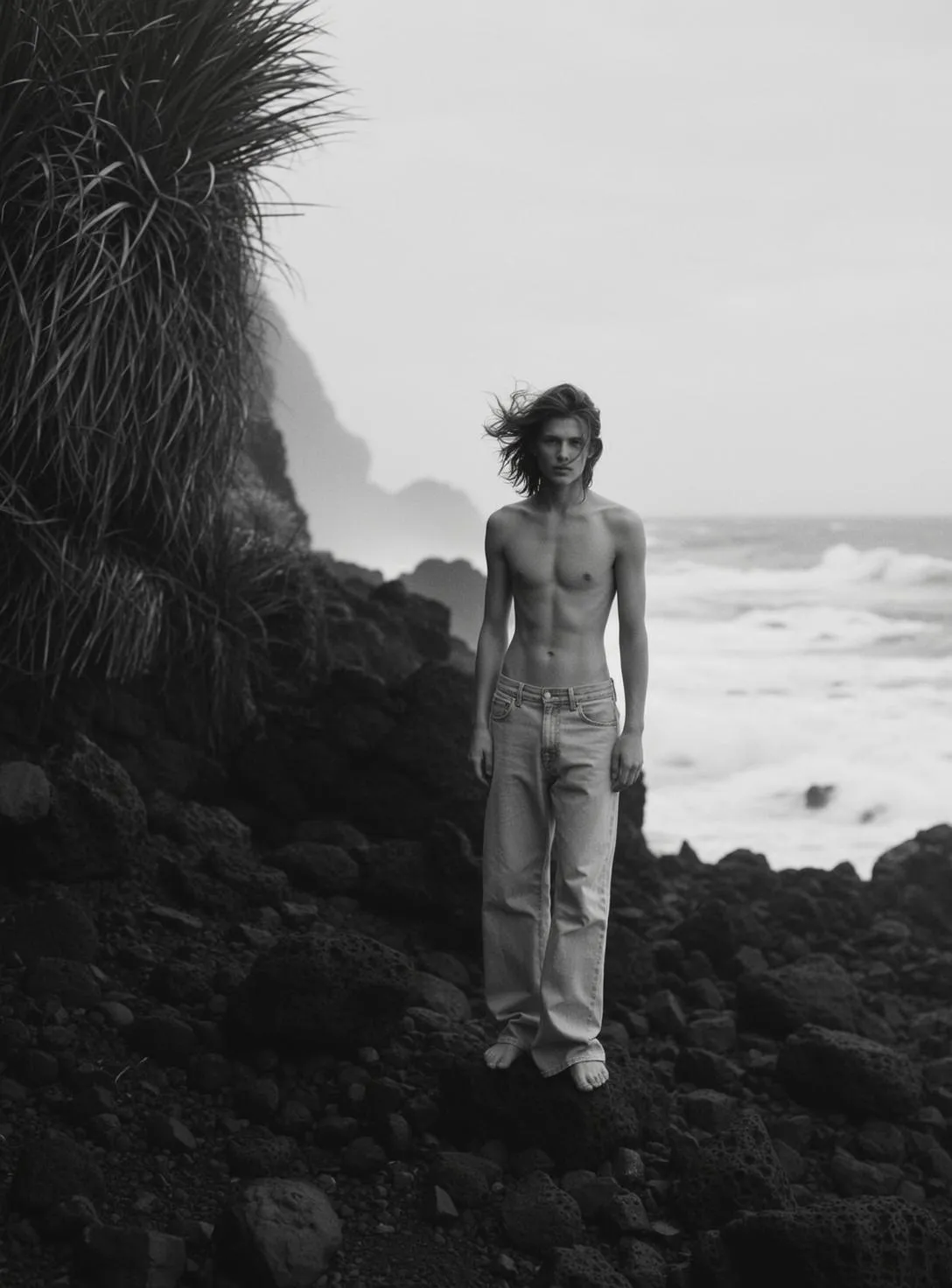 Full-body Vertical Photorealistic Black And White Portrait Features Young Man