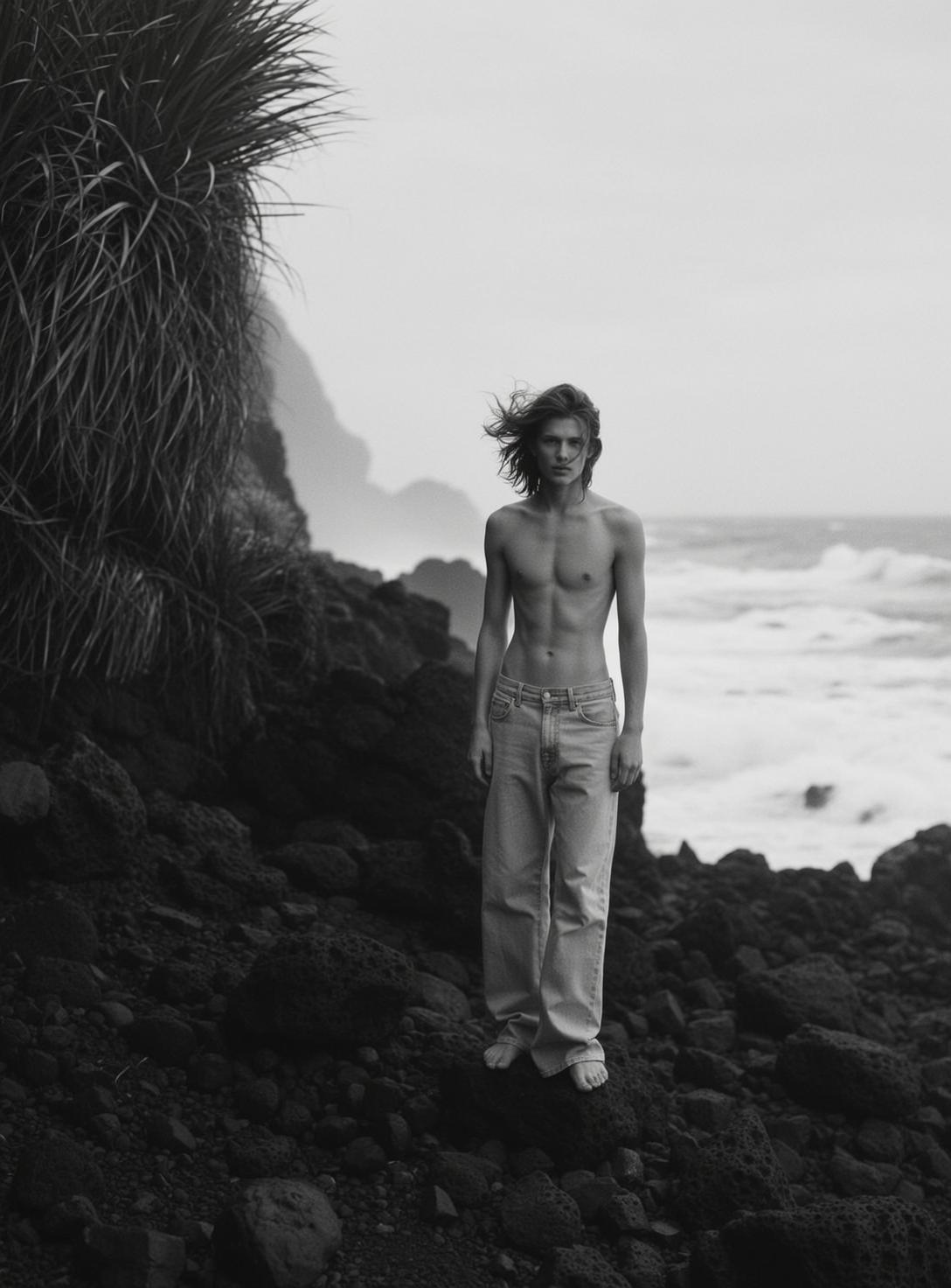 Full-body Vertical Photorealistic Black And White Portrait Features Young Man