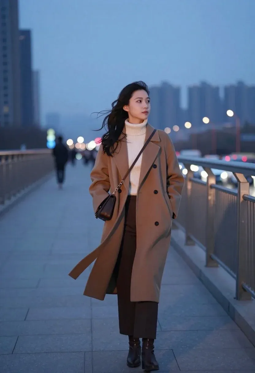 Solitary Woman Stands Pedestrian Bridge Overlooking City Skyline Dusk Subject