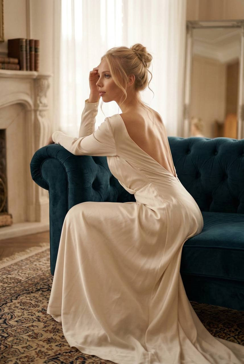 A woman in an ivory silk dress, sitting gracefully on a sofa, in soft daylight with a subtle bouquet in the background.