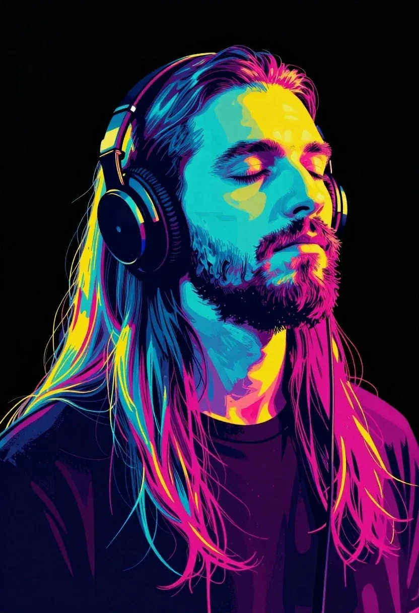 Subject Stylized Portrait Man With Long Flowing Hair And Beard