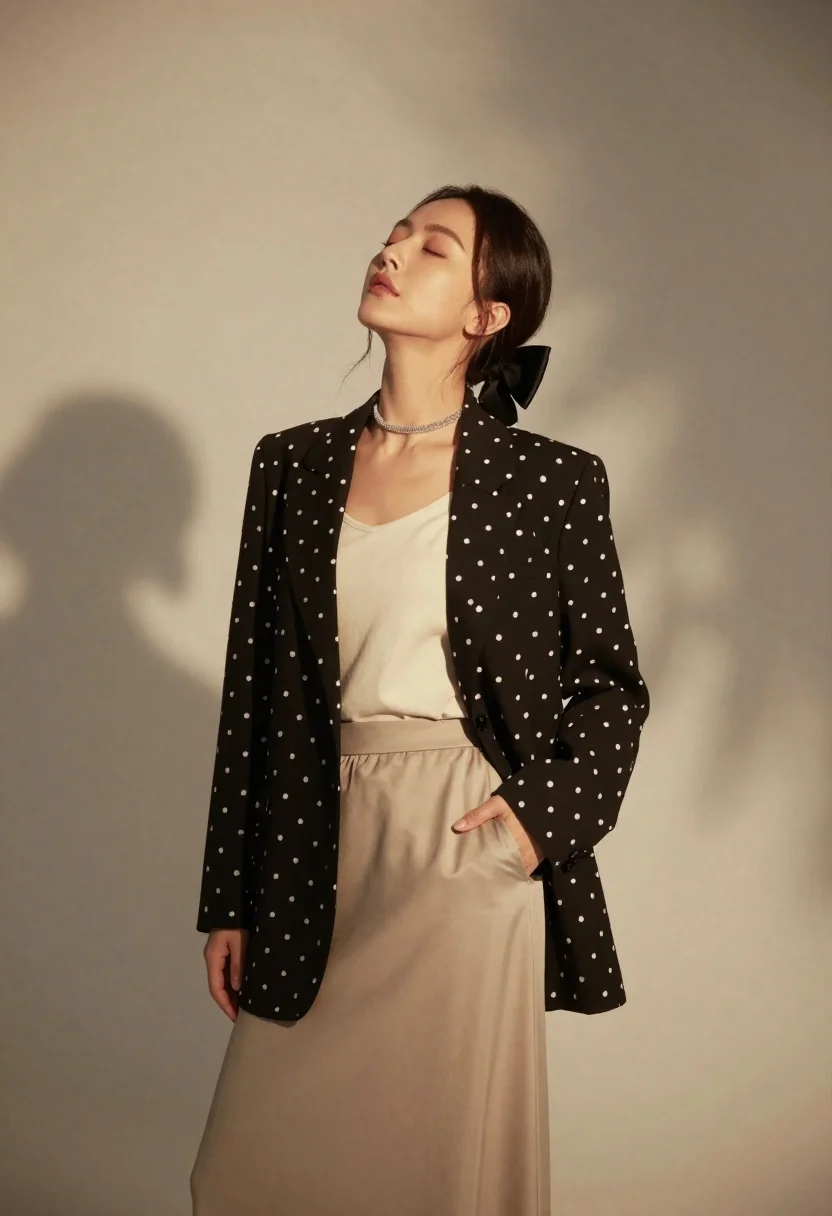 Confident Woman Stands With Her Head Tilted Back And Eyes reference photo