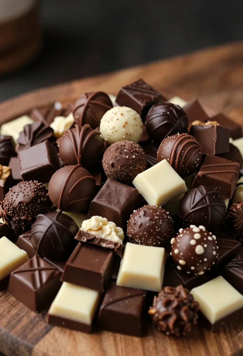 Massive Overflowing Mound Assorted Gourmet Chocolates Piled High Wooden Surface