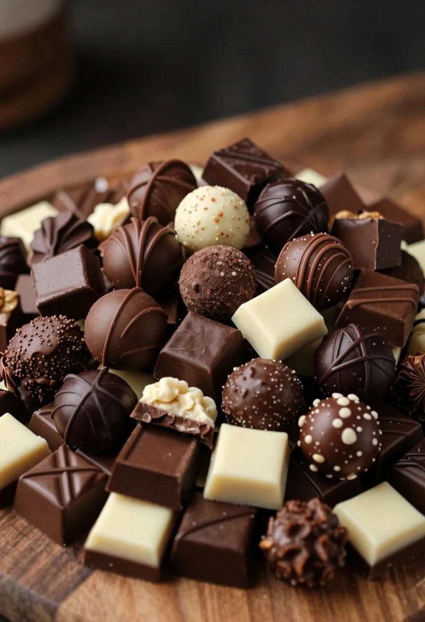 Massive Overflowing Mound Assorted Gourmet Chocolates Piled High Wooden Surface