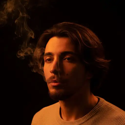 Cinematic Close-up Young Man With Vibrant Orange Smoke Curling From