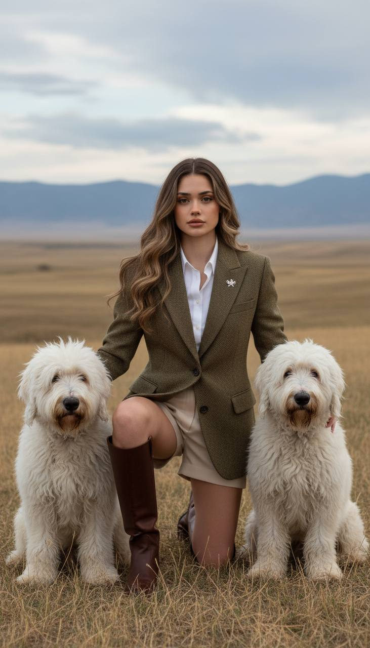 A woman kneeling outdoors among two large, shaggy English Sheepdogs, dressed in an olive-brown tweed blazer and leather riding boots.