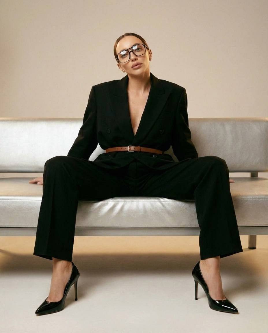 A model in a black suit relaxing on a silver couch with elegant accessories.